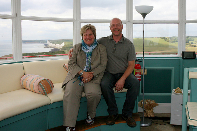 Rob Wassell with Sandi Toksvig whilst recording for Radio 4's Excess Baggage at the Belle Tout Lighthouse